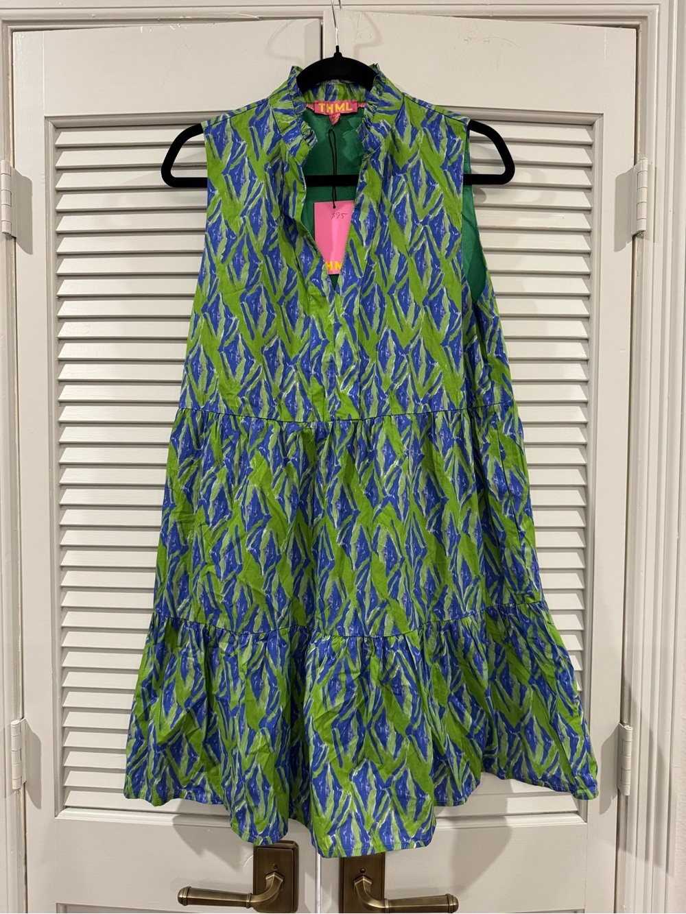 Colorful Green & Blue Womans Sleeveless Tiered Dress - THML